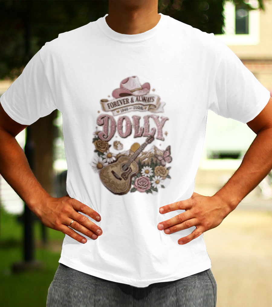 Forever & Always Dolly 1946 2026 Cowboy Hat Guitar Flowers Butterfly T-Shirt