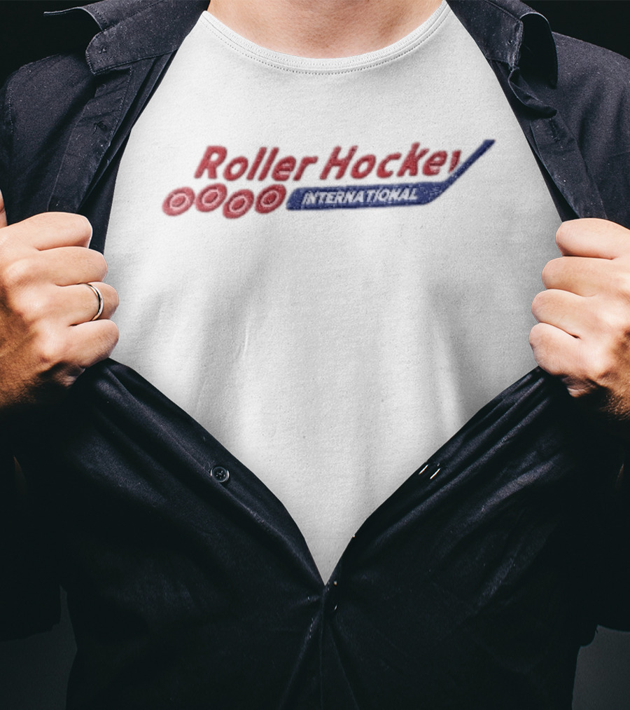 Roller Hockey International Red Inline Skate Wheels Blue Stick T-Shirt