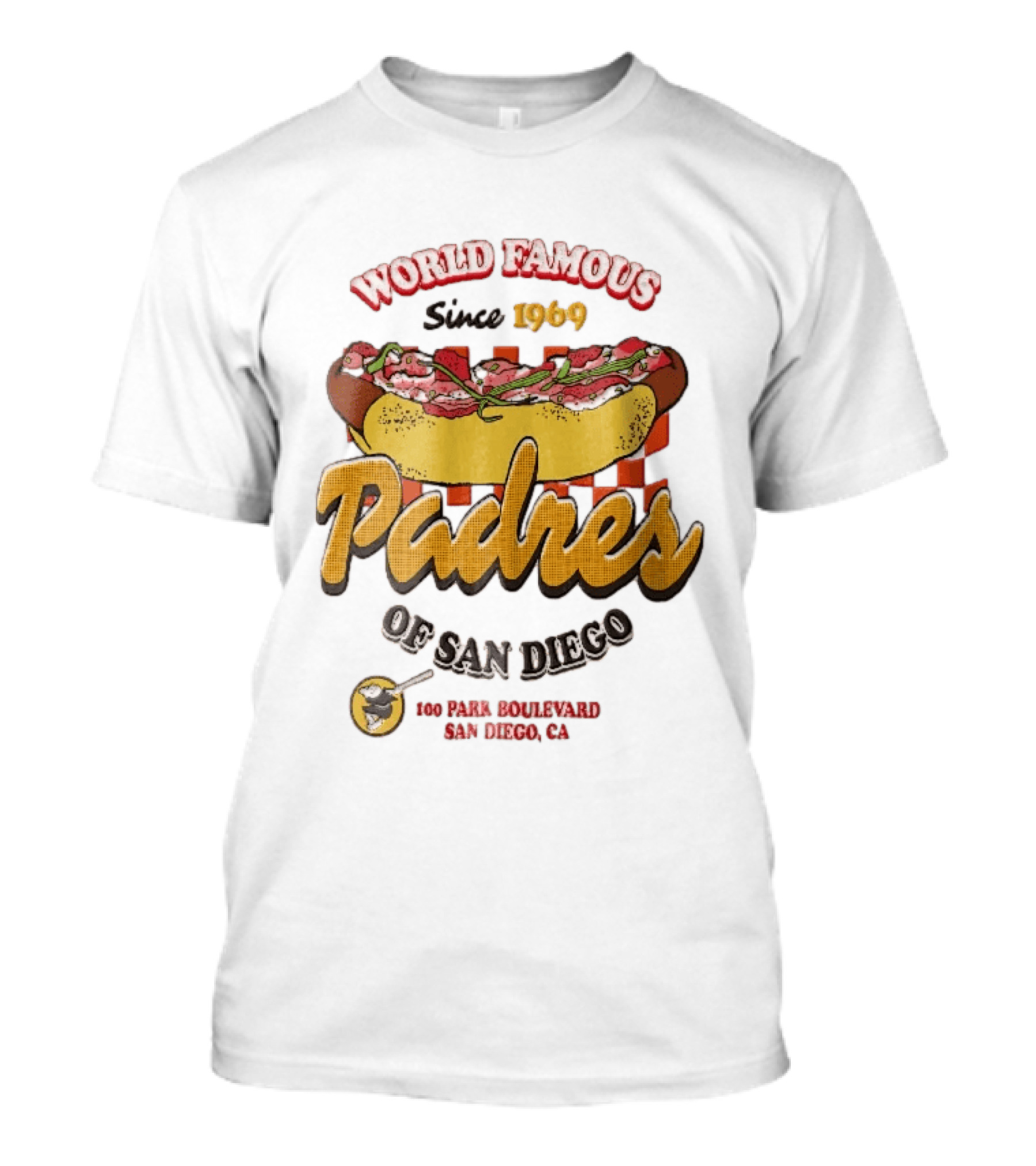 World Famous Padres Of San Diego Since 1969 Halftone Hot Dog 100 Park Boulevard CA T-Shirt