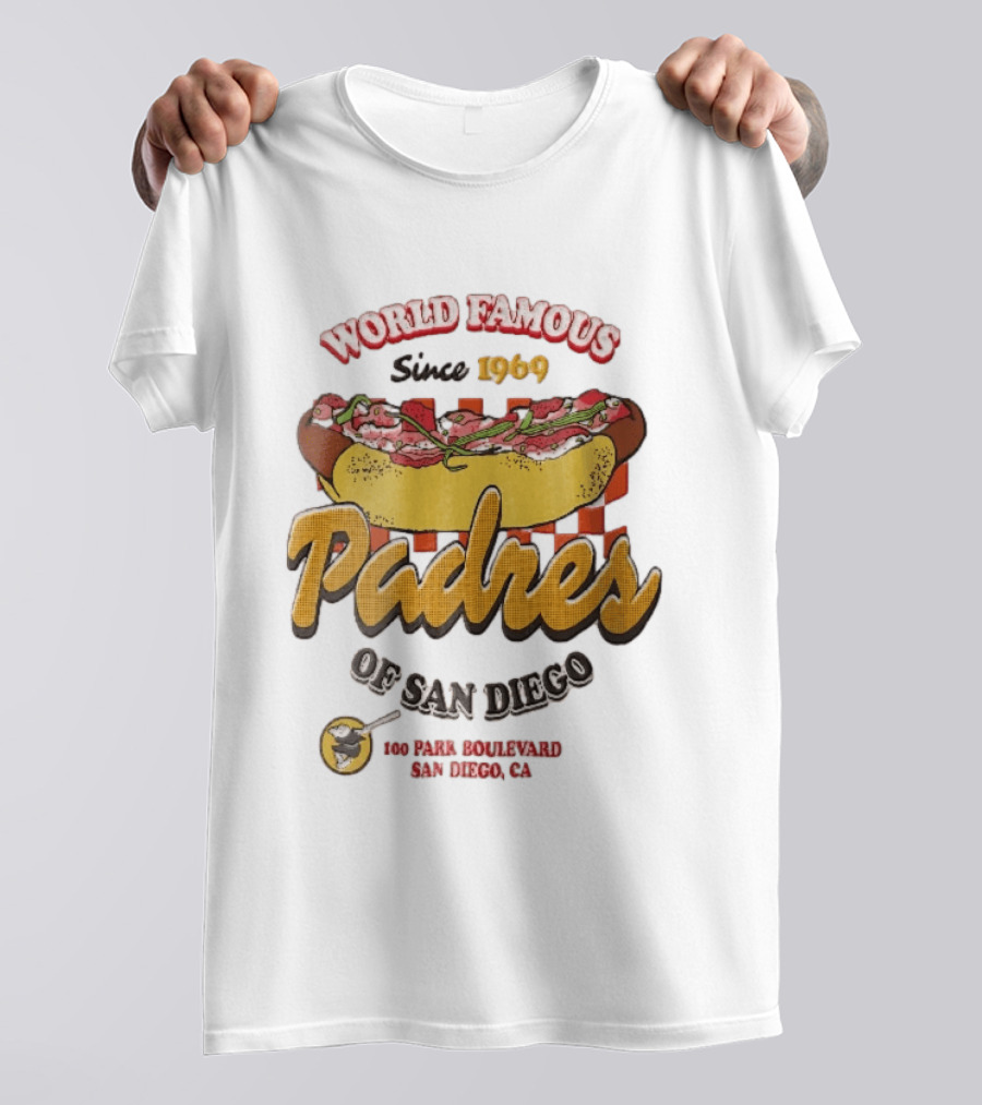 World Famous Padres Of San Diego Since 1969 Halftone Hot Dog 100 Park Boulevard CA T-Shirt
