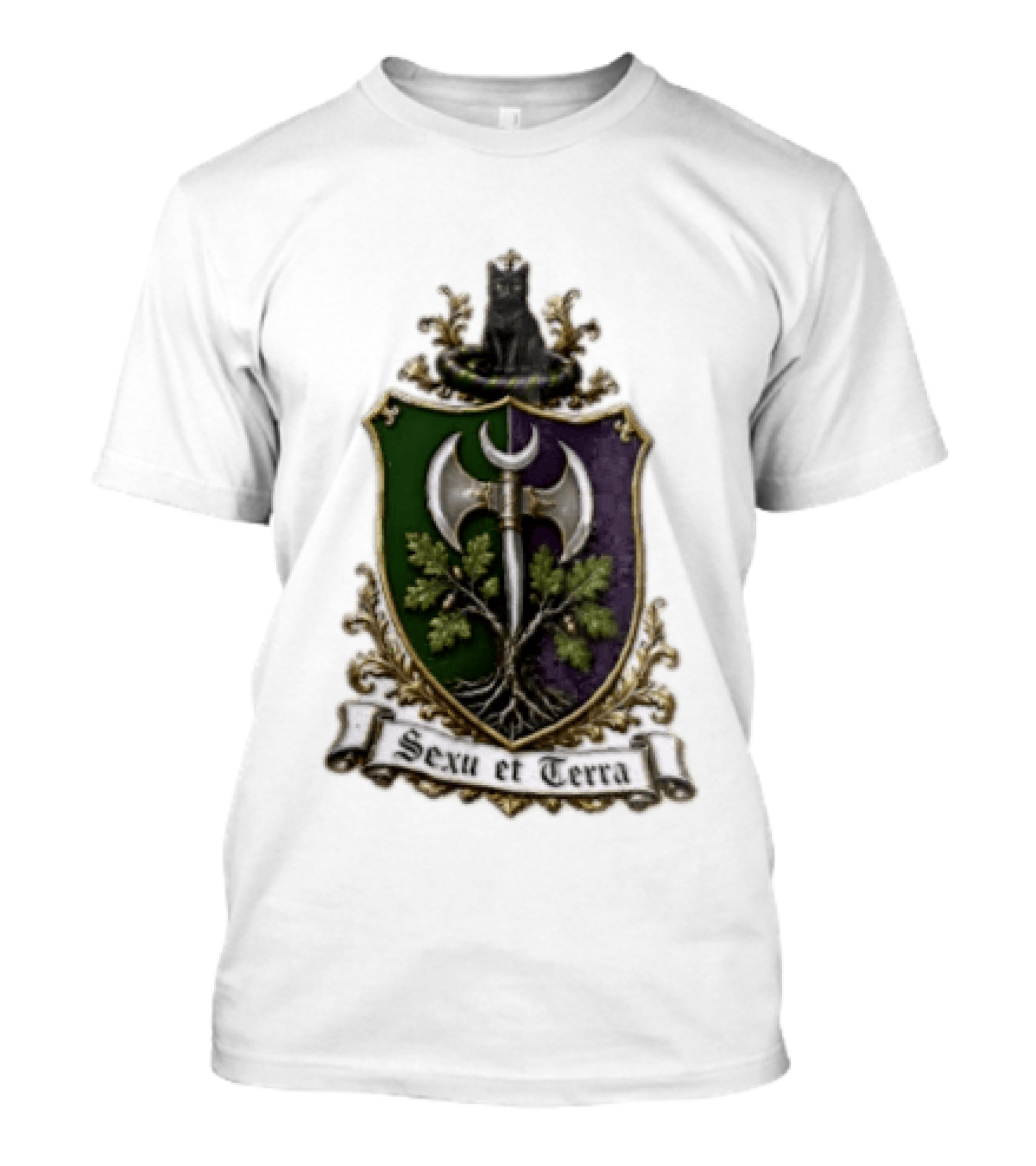 Sexu Et Terra Green Purple Shield Black Cat Axe And Tree Crest T-Shirt