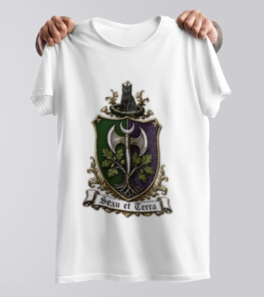 Sexu Et Terra Green Purple Shield Black Cat Axe And Tree Crest T-Shirt