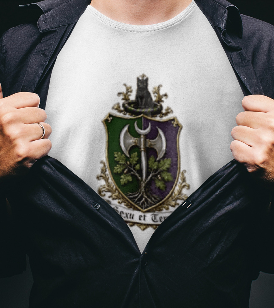 Sexu Et Terra Green Purple Shield Black Cat Axe And Tree Crest T-Shirt