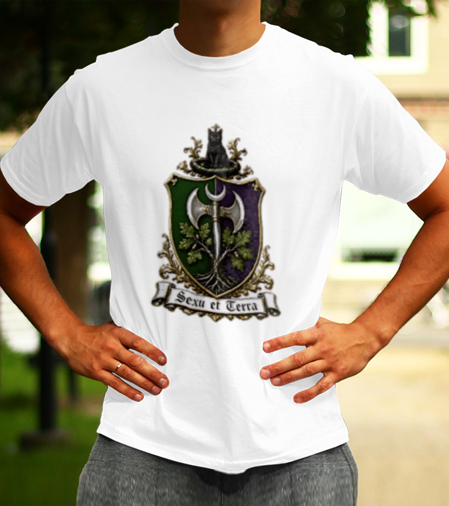 Sexu Et Terra Green Purple Shield Black Cat Axe And Tree Crest T-Shirt