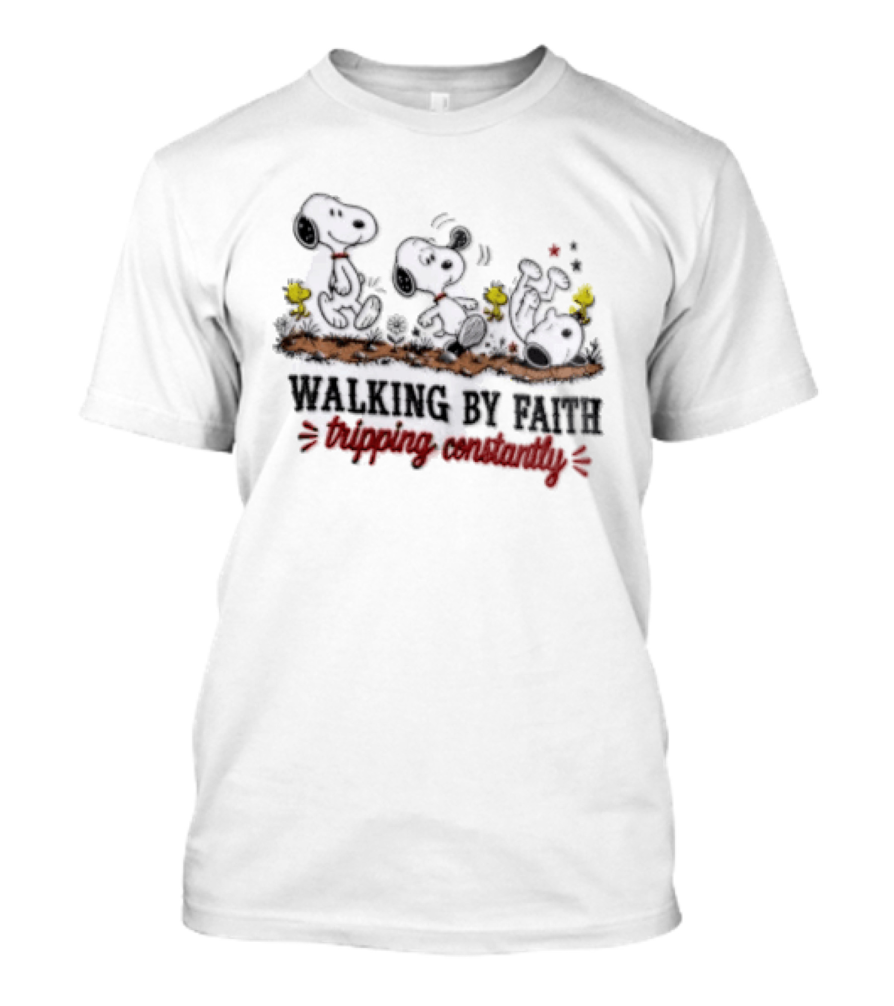 Snoopy Walking By Faith Tripping Constantly With Woodstock Friends T-Shirt
