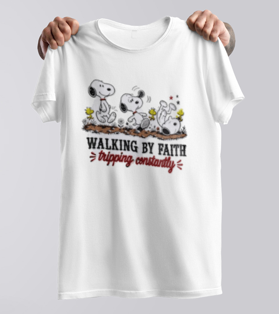 Snoopy Walking By Faith Tripping Constantly With Woodstock Friends T-Shirt