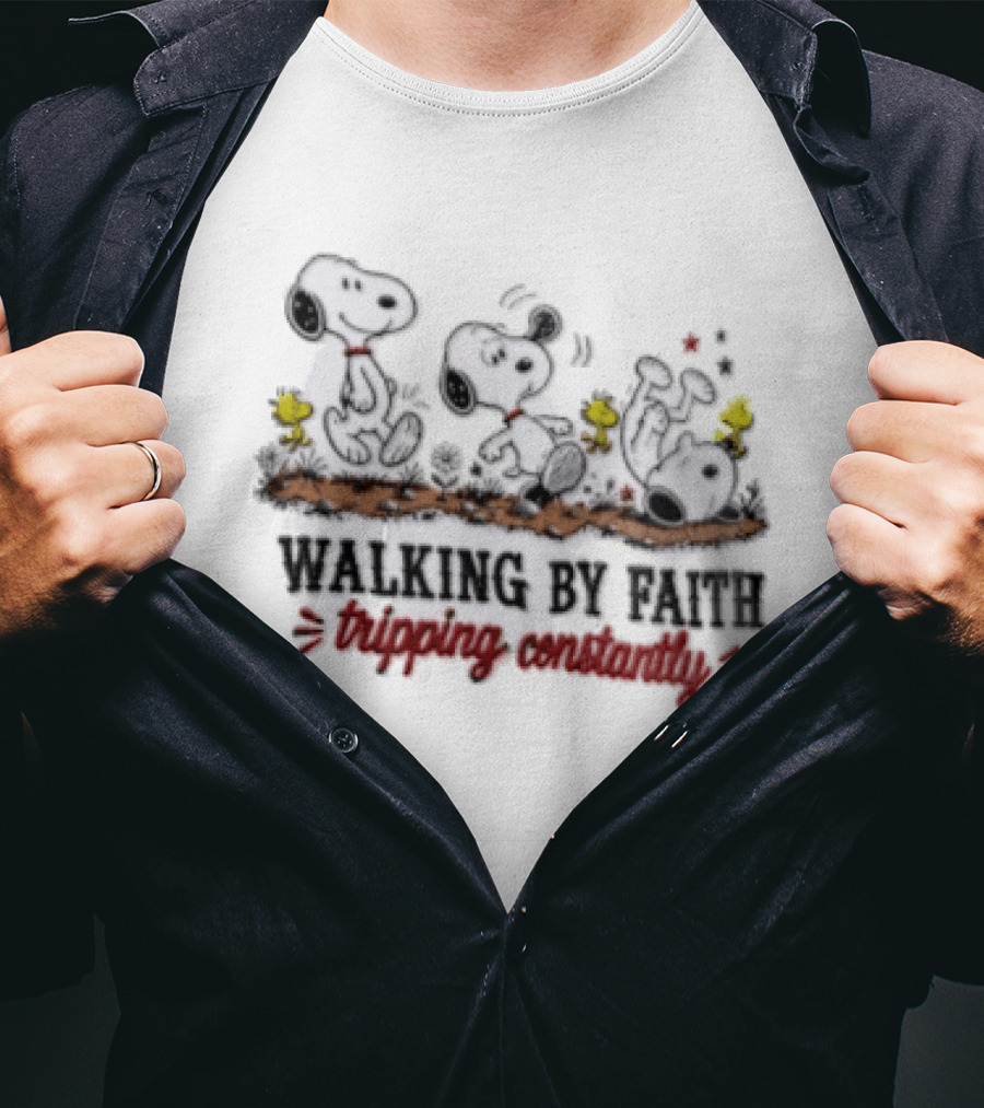 Snoopy Walking By Faith Tripping Constantly With Woodstock Friends T-Shirt