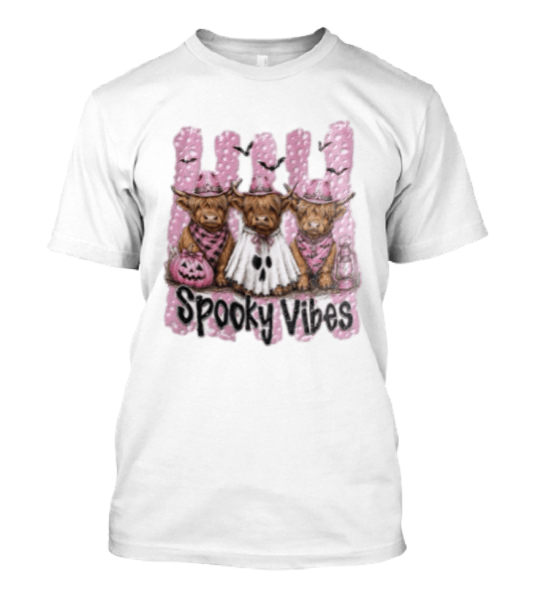 Highland Cow Ghost Pumpkin Bat Spooky Vibes Halloween T-Shirt