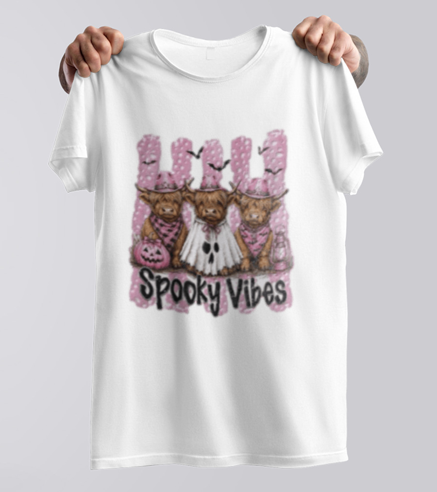Highland Cow Ghost Pumpkin Bat Spooky Vibes Halloween T-Shirt