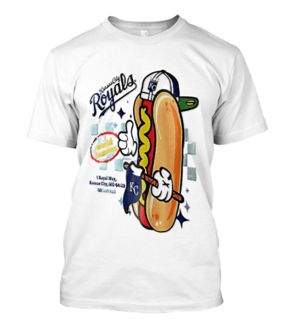 Kansas City Royals World Famous 1 Royal Way Mo 64129 Cartoon Hot Dog KC Cap T-Shirt