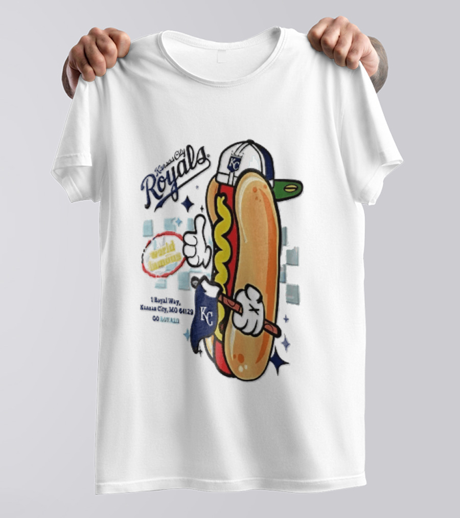 Kansas City Royals World Famous 1 Royal Way Mo 64129 Cartoon Hot Dog KC Cap T-Shirt