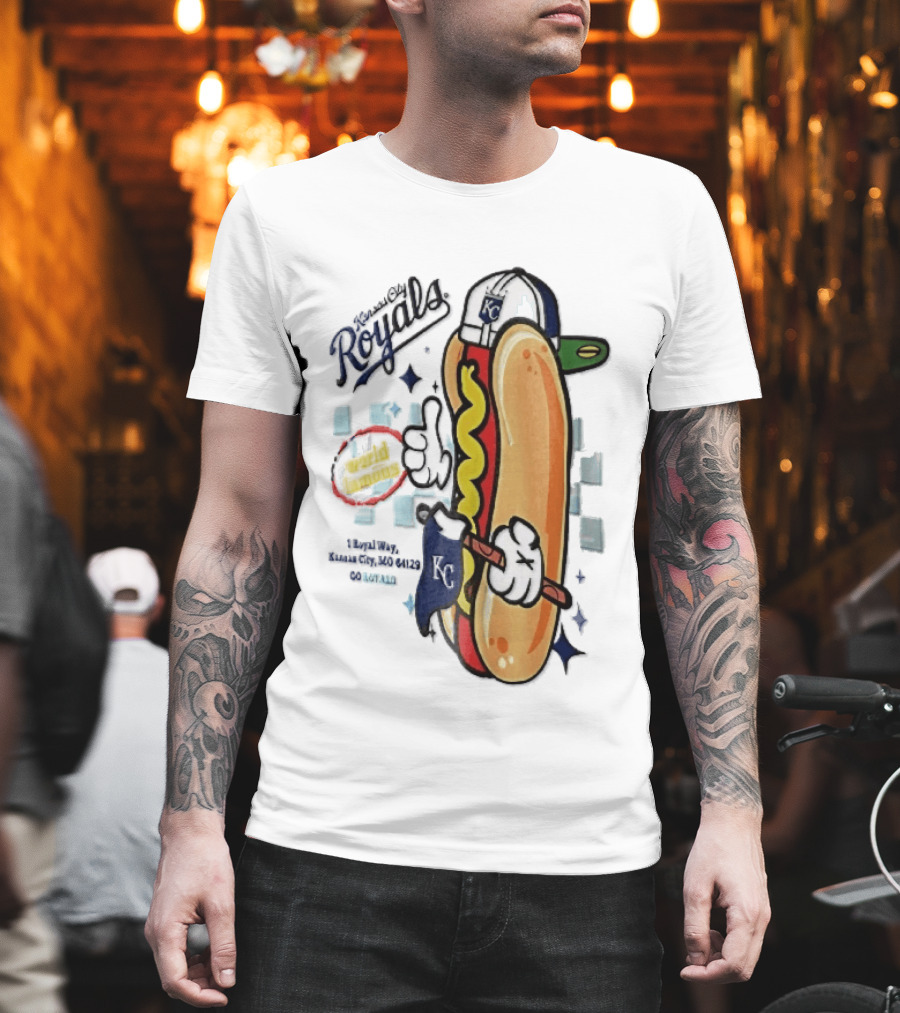 Kansas City Royals World Famous 1 Royal Way Mo 64129 Cartoon Hot Dog KC Cap T-Shirt