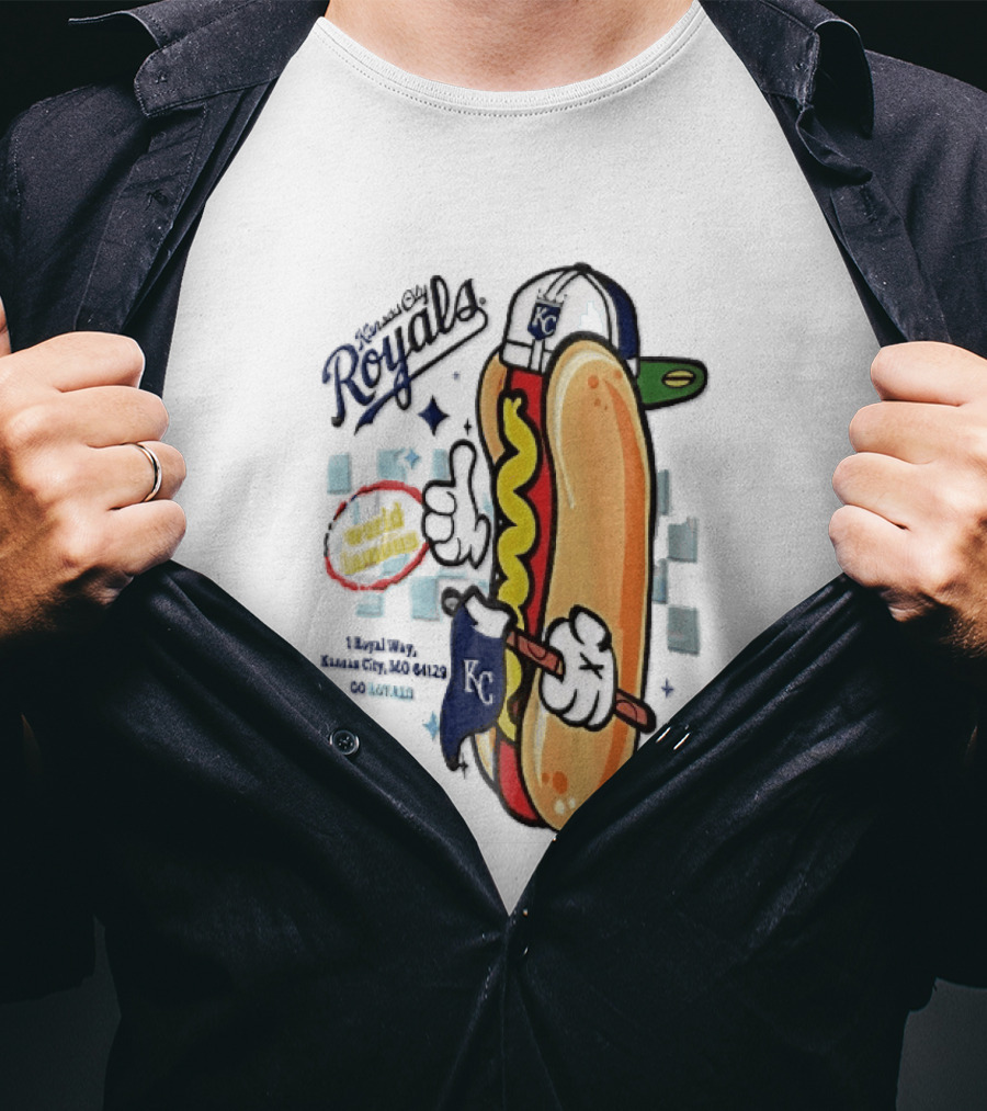 Kansas City Royals World Famous 1 Royal Way Mo 64129 Cartoon Hot Dog KC Cap T-Shirt
