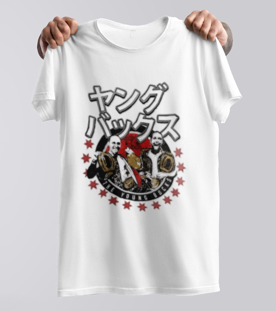 Young Bucks Wrestling Tag Team With Championship Belts And Red Star Circle T-Shirt