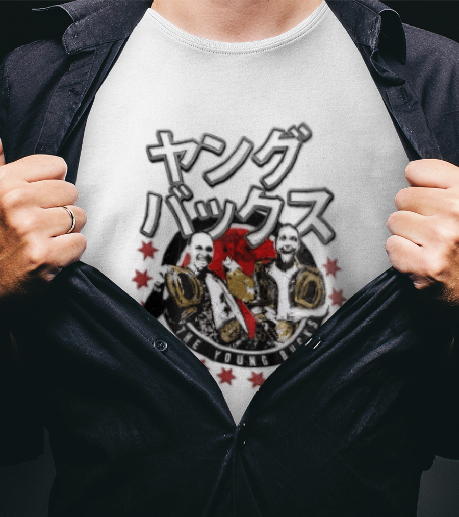 Young Bucks Wrestling Tag Team With Championship Belts And Red Star Circle T-Shirt