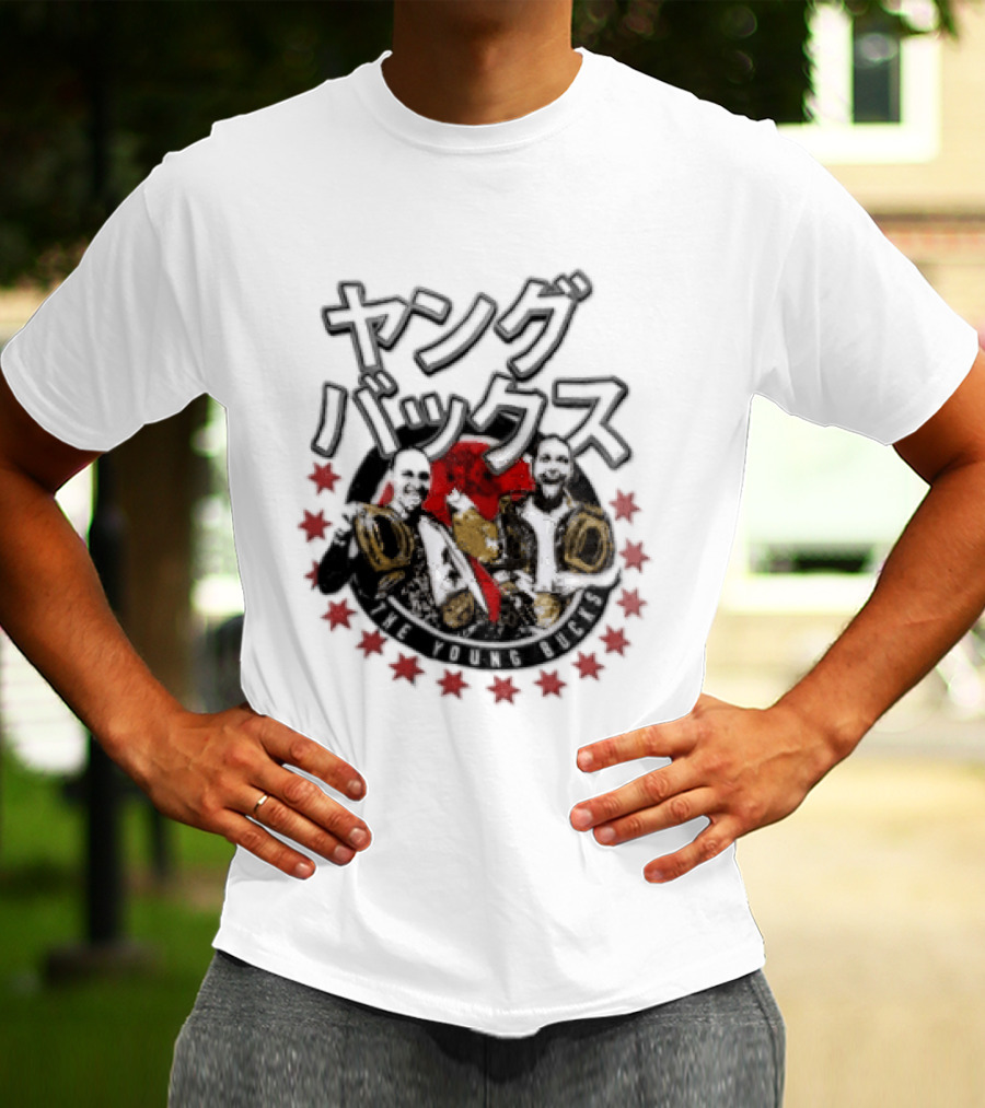 Young Bucks Wrestling Tag Team With Championship Belts And Red Star Circle T-Shirt