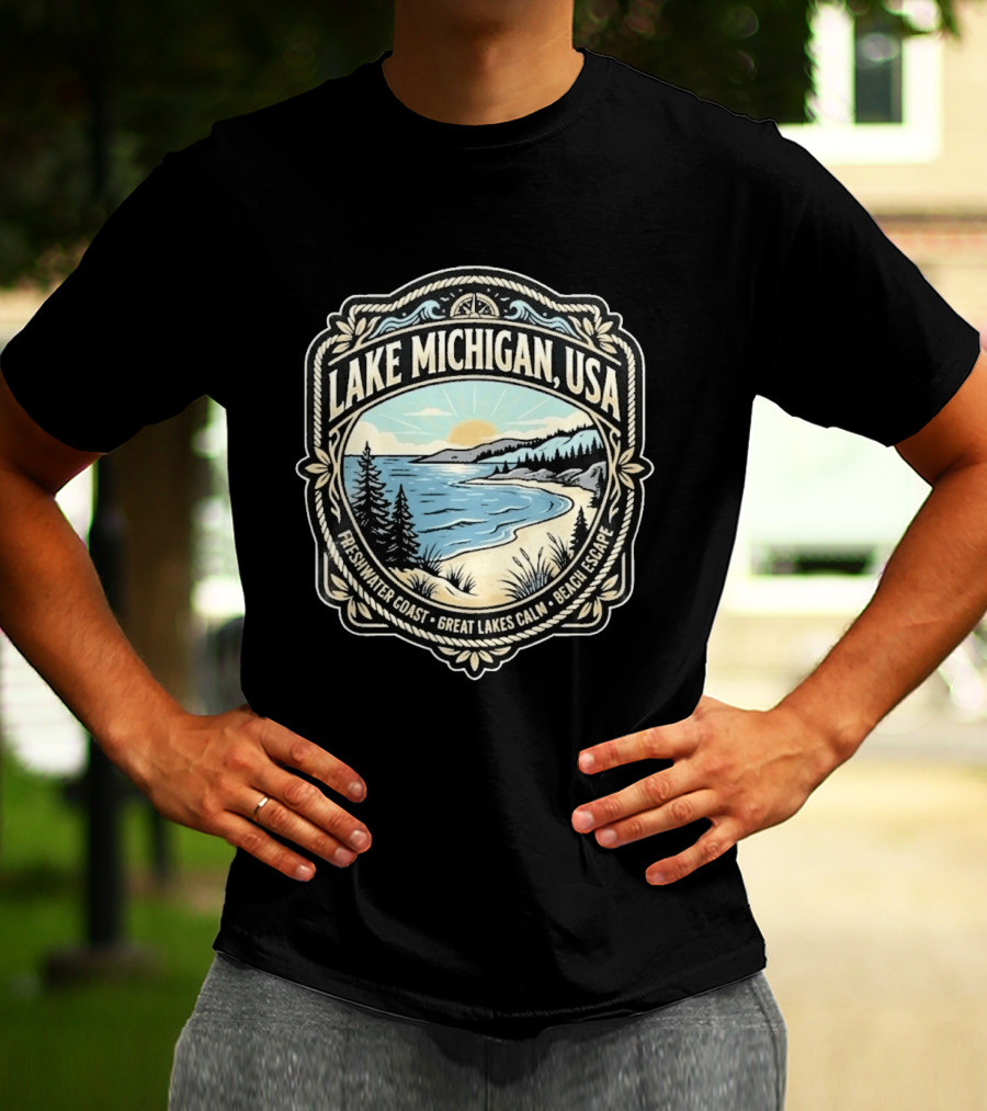 Lake Michigan USA Freshwater Coast Great Lakes Calm Beach Escape T-Shirt