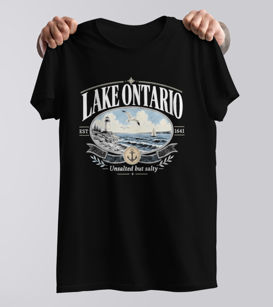 Lake Ontario Unsalted But Salty EST 1641 Seagull Lighthouse Sailboat Scene T-Shirt