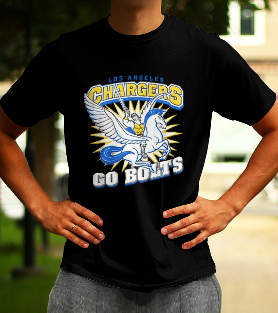 Los Angeles Chargers Go Bolts Hercules Pegasus Sword Cartoon Sunburst T-Shirt