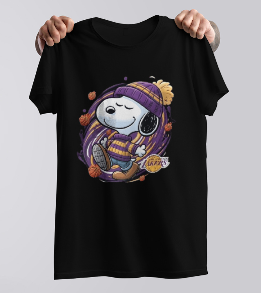 Los Angeles Lakers NBA Snoopy Cartoon Beanie Swirl Flaming Basketballs T-Shirt