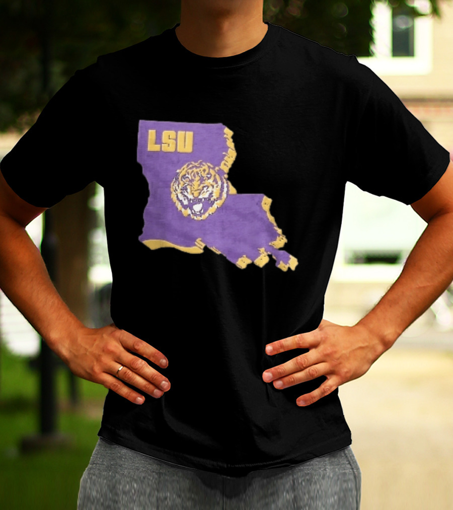 LSU Tigers NCAA Roaring Head Louisiana Map T-Shirt