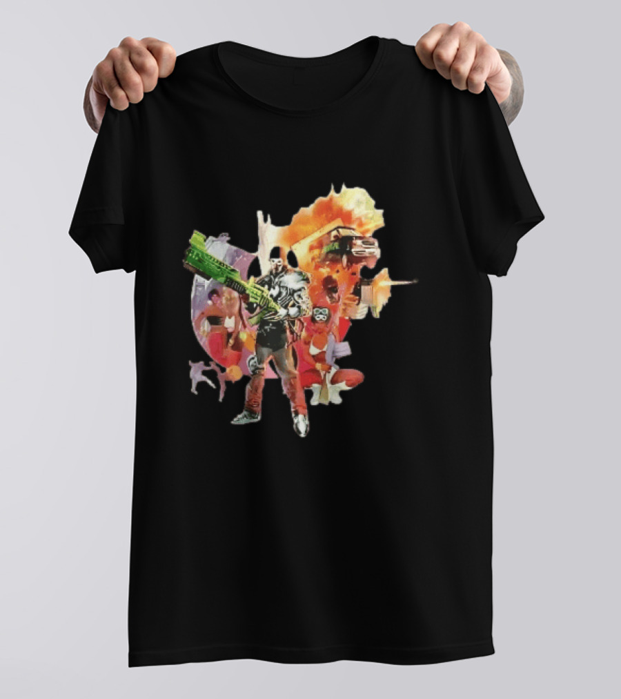Masked Skeleton Soldier Green Rifle Fire Explosion Flying Truck Collage T-Shirt