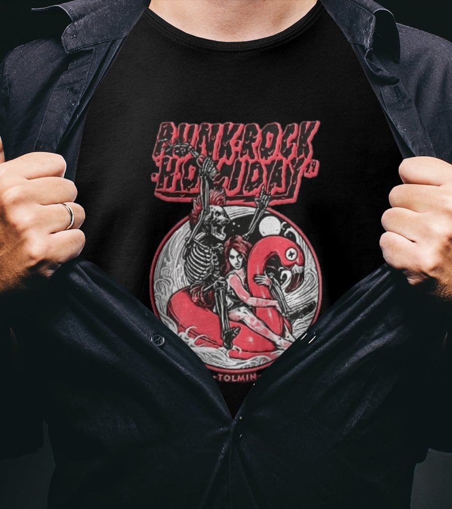 Punk Rock Holiday 19 Tolmin Mohawk Skeleton Riding Pink Flamingo Ocean Waves T-Shirt