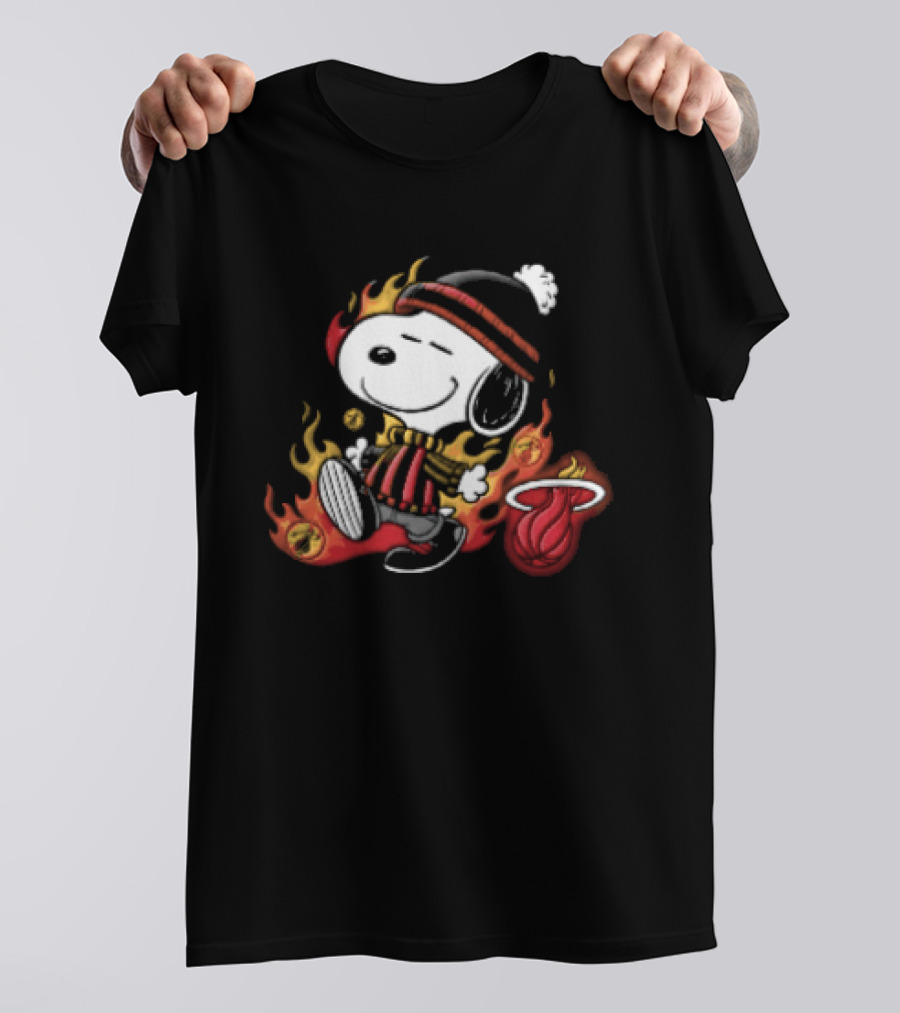 Miami Heat NBA Snoopy Walking Beanie Striped Flames Cartoon T-Shirt
