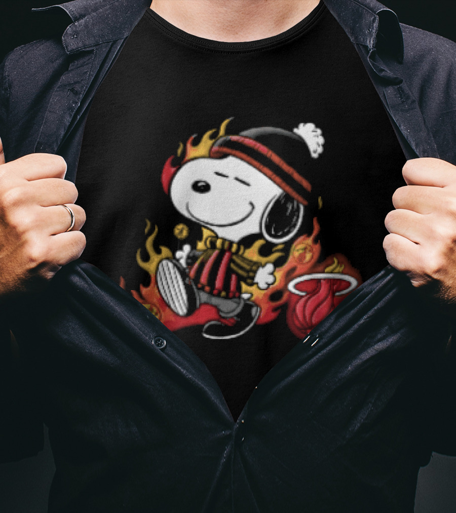 Miami Heat NBA Snoopy Walking Beanie Striped Flames Cartoon T-Shirt