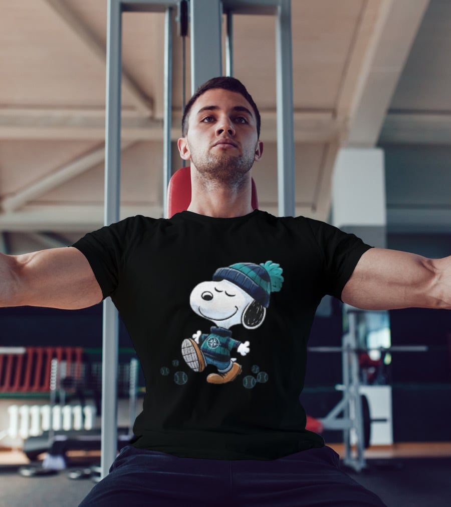 Seattle Mariners Snoopy Walking Beanie And Baseballs MLB Cartoon T-Shirt