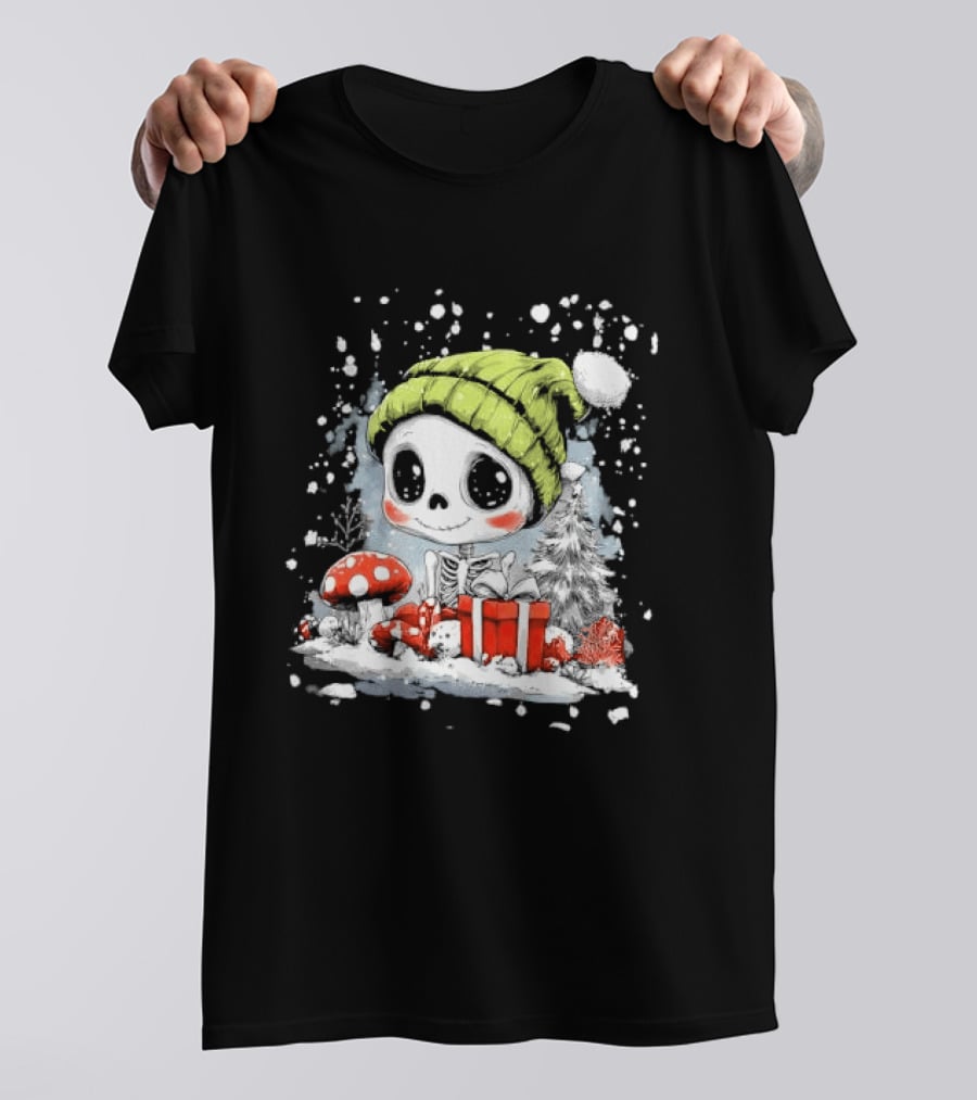 Skeleton In Green Beanie Hat With Mushroom And Christmas Present T-Shirt