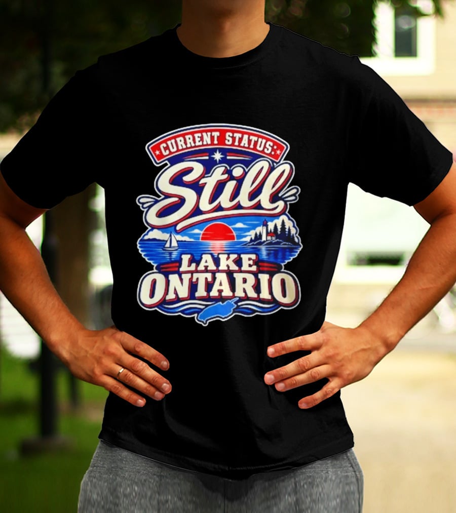 Current Status Still Lake Ontario Sunset Sailboat Lighthouse Scene T-Shirt