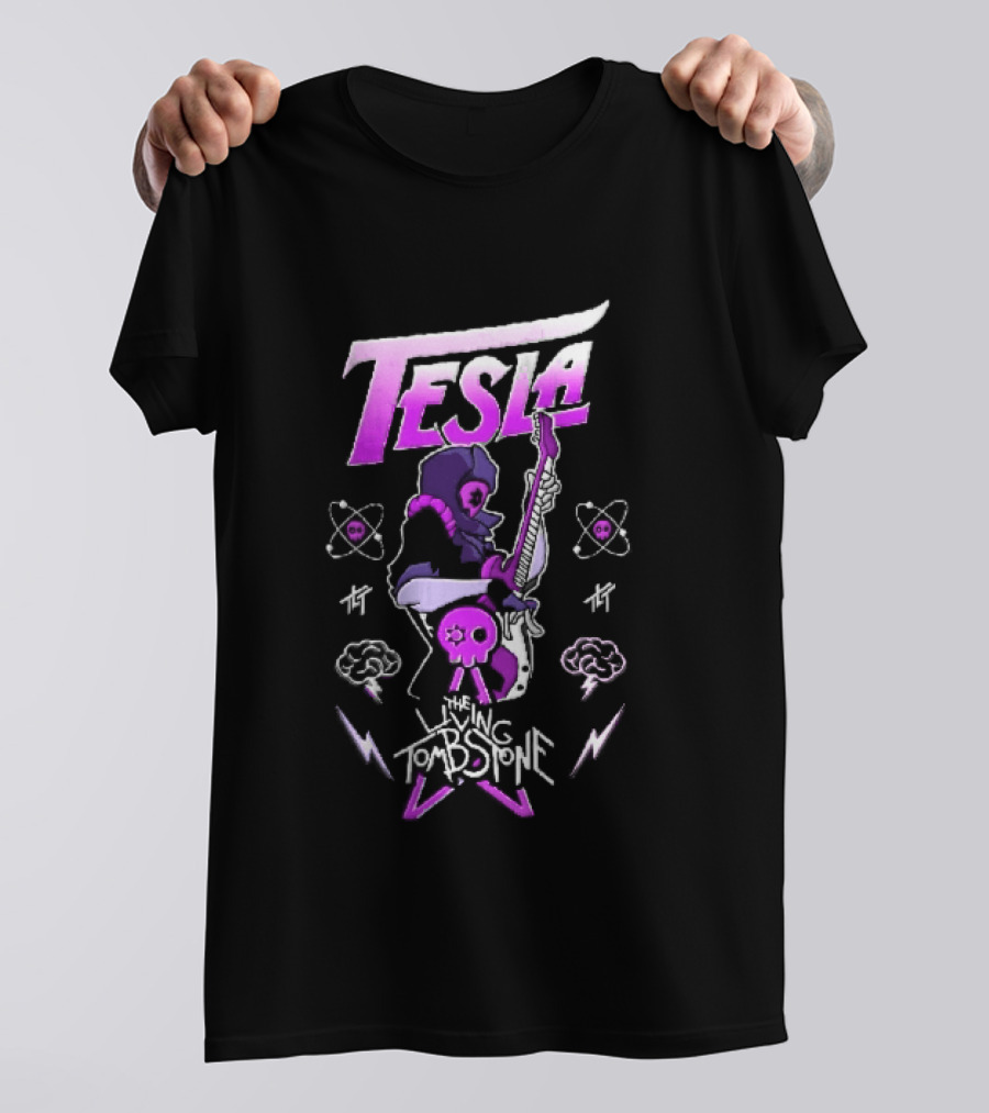 Tesla The Living Tombstone Purple Hooded Skull Mask Electric Guitar Pixel T-Shirt