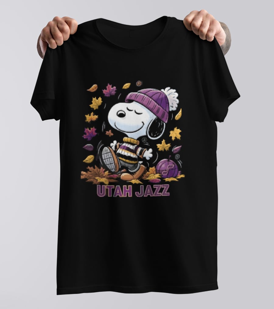 Utah Jazz Snoopy Cartoon Walking In Autumn Leaves Purple Beanie Basketball T-Shirt