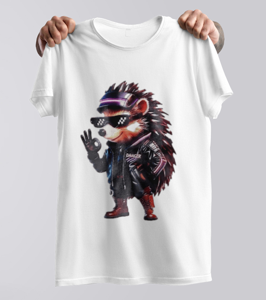 Danger Hedgehog Pixel Sunglasses Leather Jacket T-Shirt