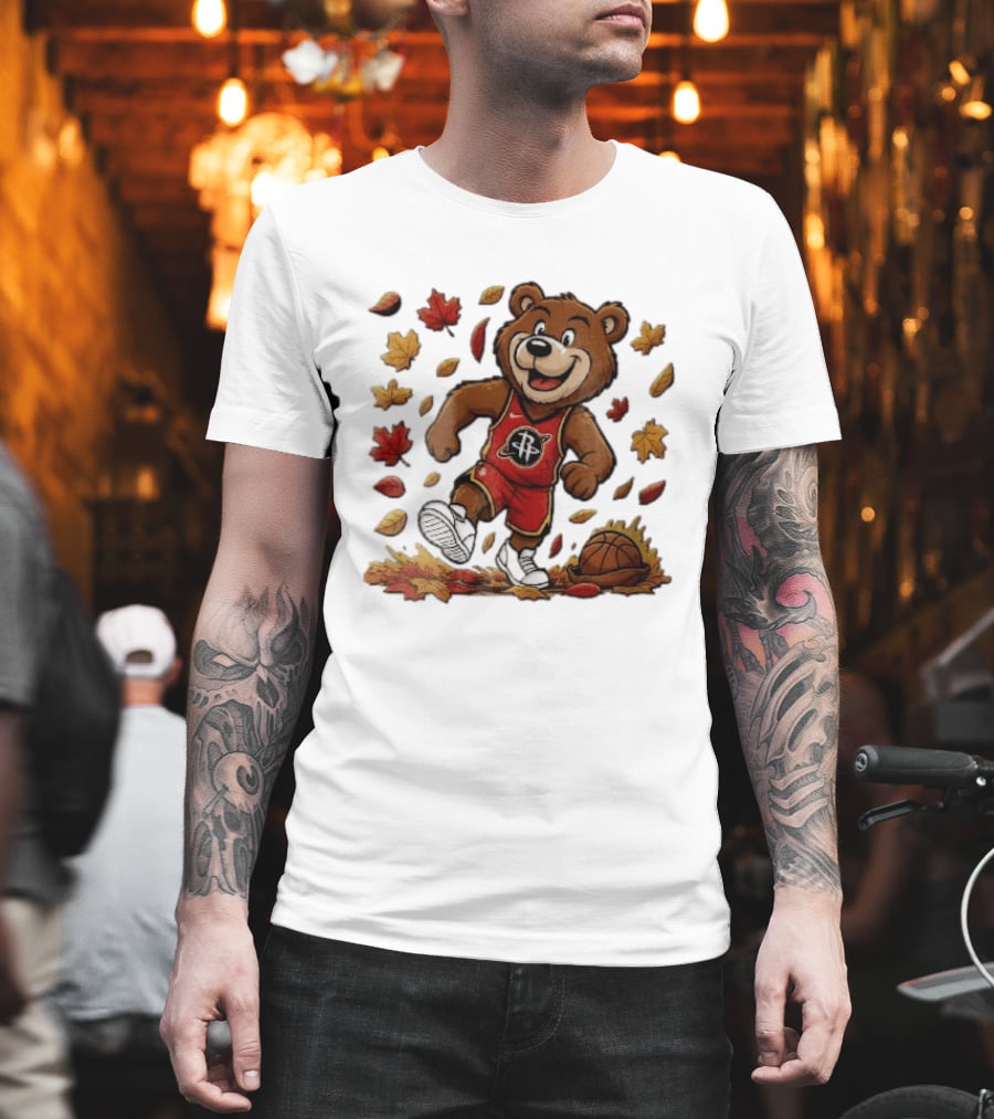 Houston Rockets Clutch The Bear Running With Basketball And Autumn Leaves T-Shirt