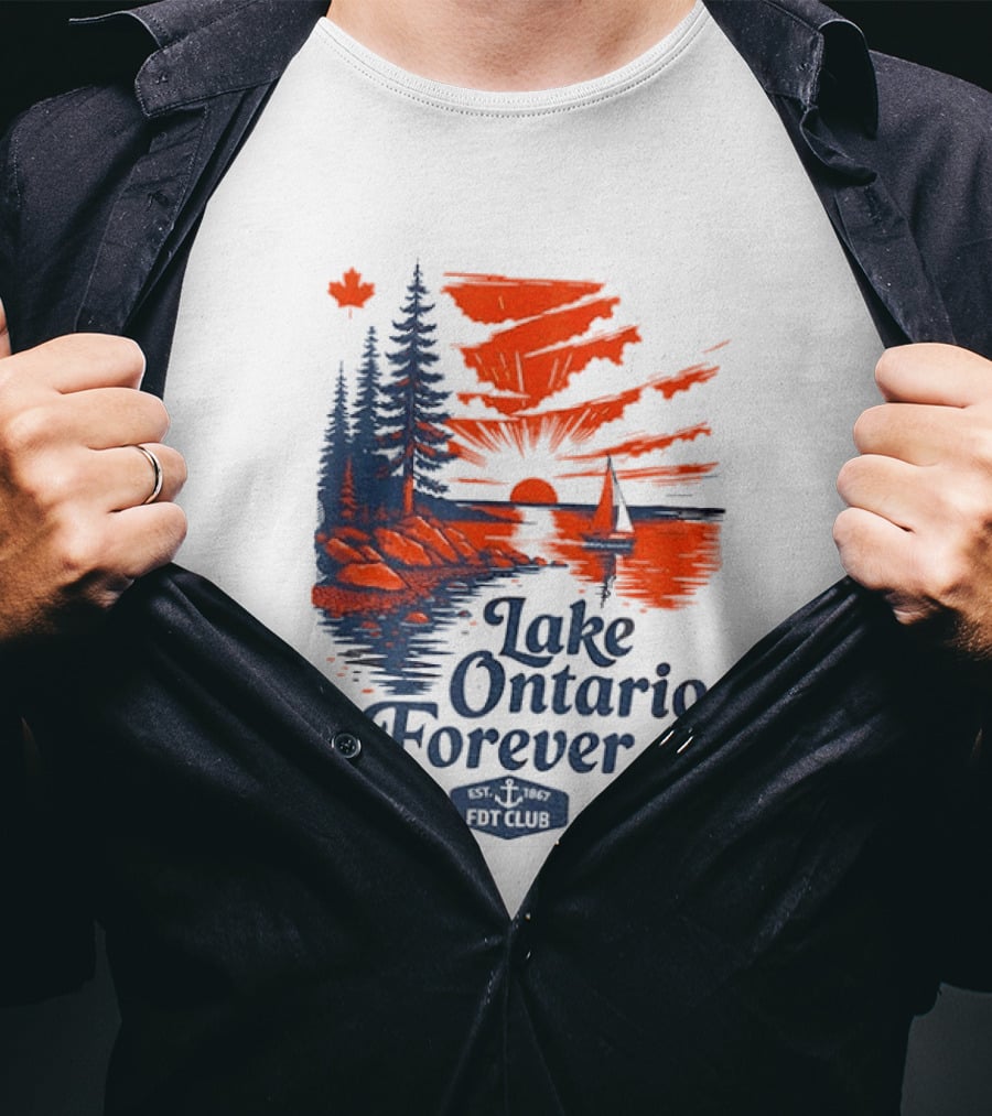 Lake Ontario Forever Sunset Sailboat FDT Club Canada Maple Leaf Scenery T-Shirt