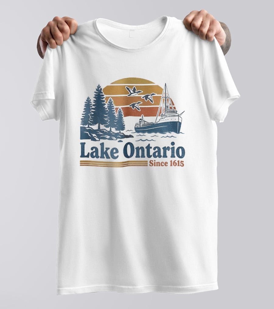 Lake Ontario Great Lakes Since 1615 Scenic Sunrise With Ship And Trees T-Shirt