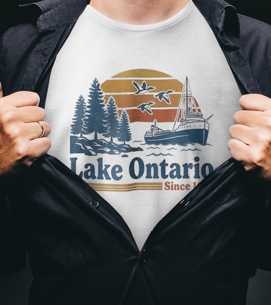 Lake Ontario Great Lakes Since 1615 Scenic Sunrise With Ship And Trees T-Shirt