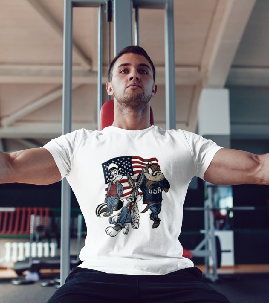 Looney Tunes Pepe Le Pew Bugs Bunny Tasmanian Devil USA American Flag Caricature T-Shirt
