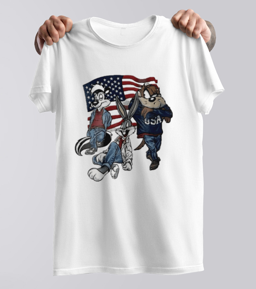 Looney Tunes Pepe Le Pew Bugs Bunny Tasmanian Devil USA American Flag Caricature T-Shirt