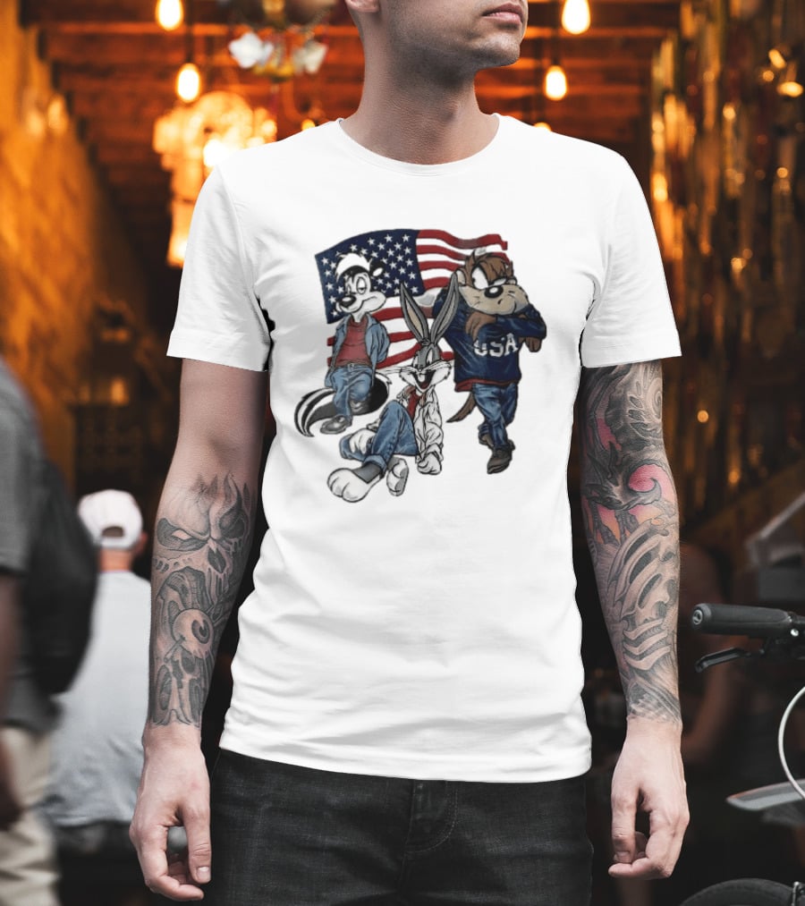 Looney Tunes Pepe Le Pew Bugs Bunny Tasmanian Devil USA American Flag Caricature T-Shirt