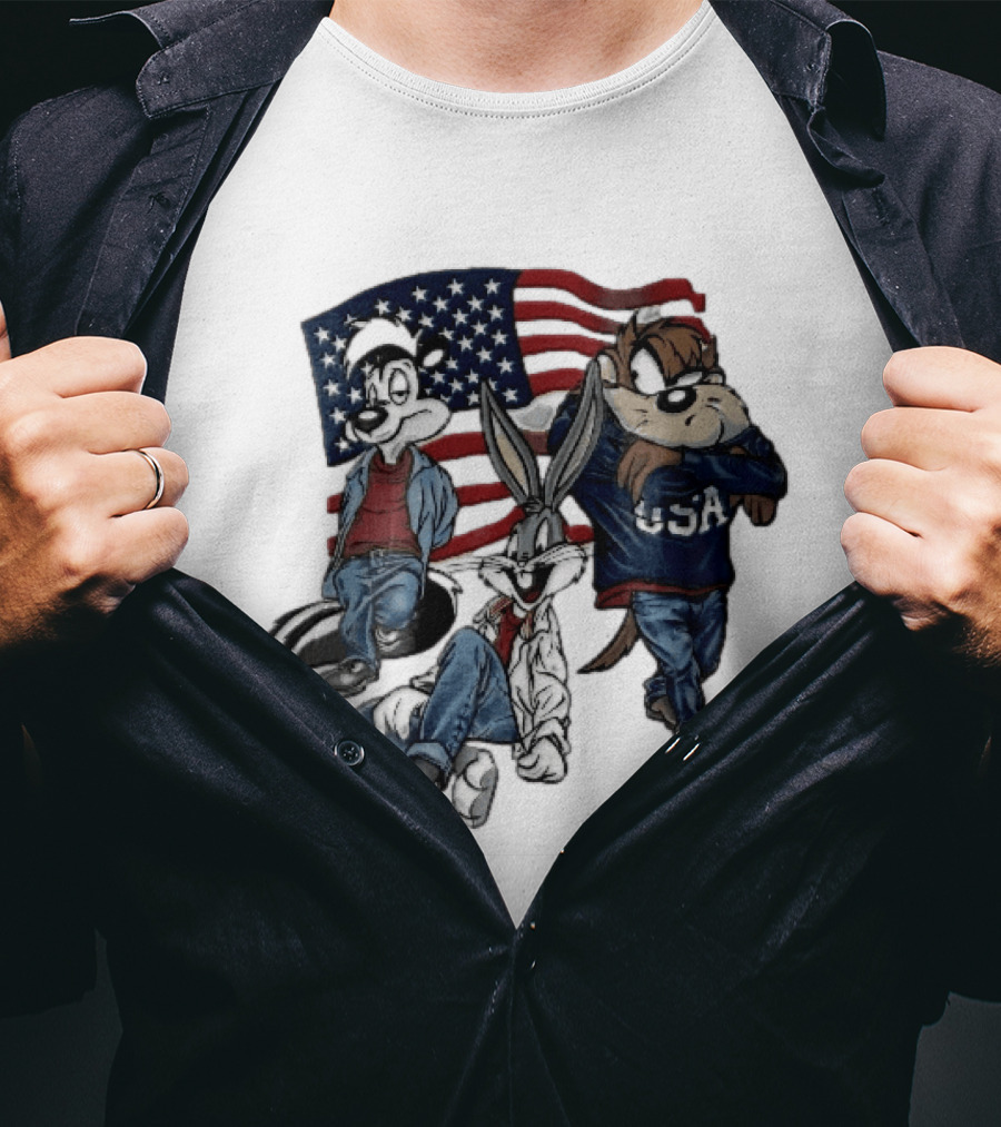 Looney Tunes Pepe Le Pew Bugs Bunny Tasmanian Devil USA American Flag Caricature T-Shirt