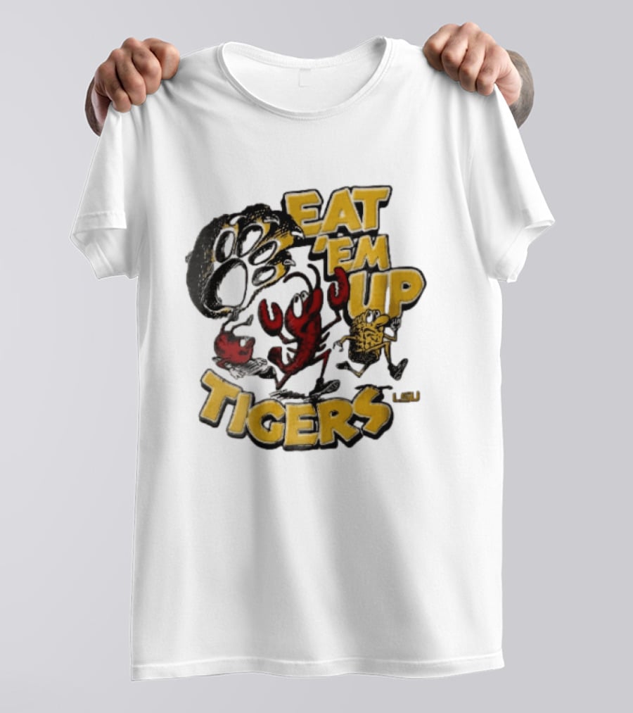 LSU Tigers Eat Em Up Cartoon Crawfish Corn Bean Paw Running T-Shirt