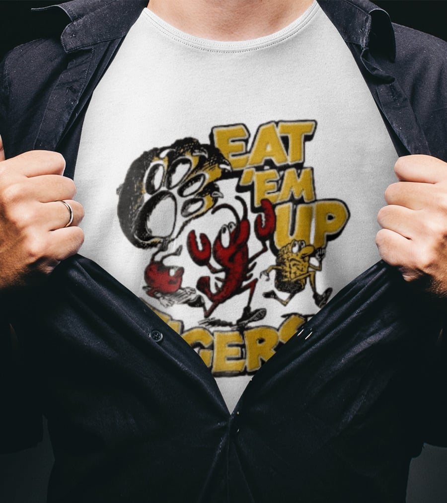 LSU Tigers Eat Em Up Cartoon Crawfish Corn Bean Paw Running T-Shirt