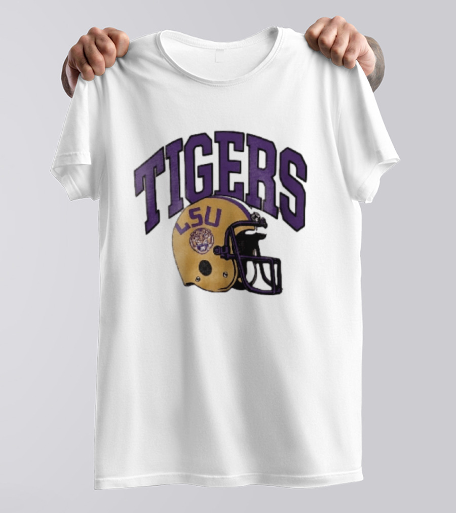 LSU Tigers Yellow Football Helmet Purple Arched Letters NCAA T-Shirt