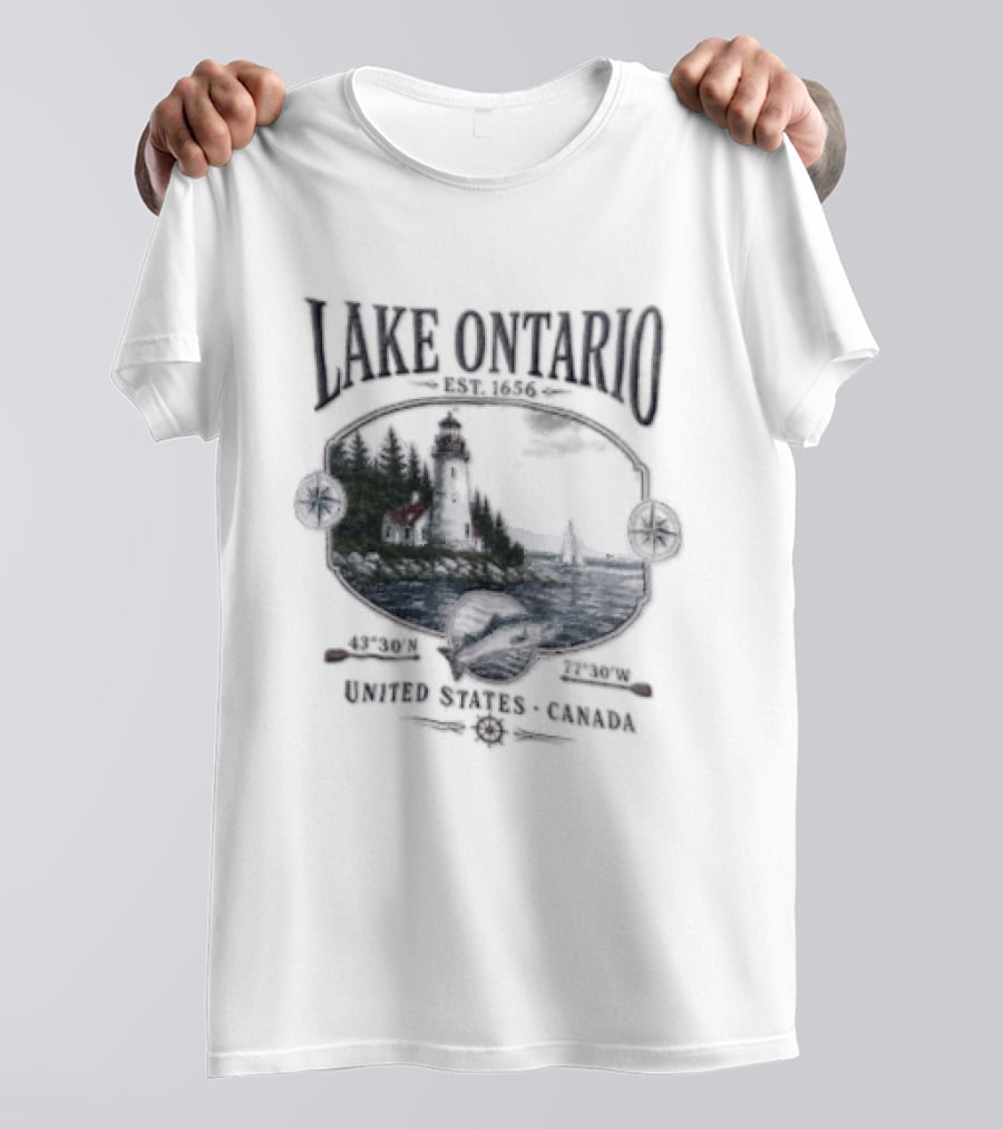 Lake Ontario Lighthouse Sailboat Fish 43 30 And 77 W United States Canada T-Shirt