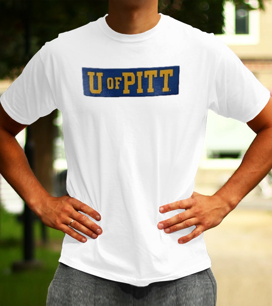 U Of Pitt Blue Wooden Board Yellow Lettering T-Shirt