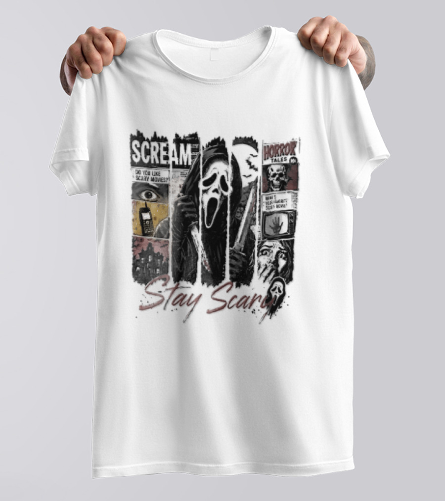 Scream Stay Scary Ghostface Comic Bloody Dagger Do You Like Scary Movies T-Shirt