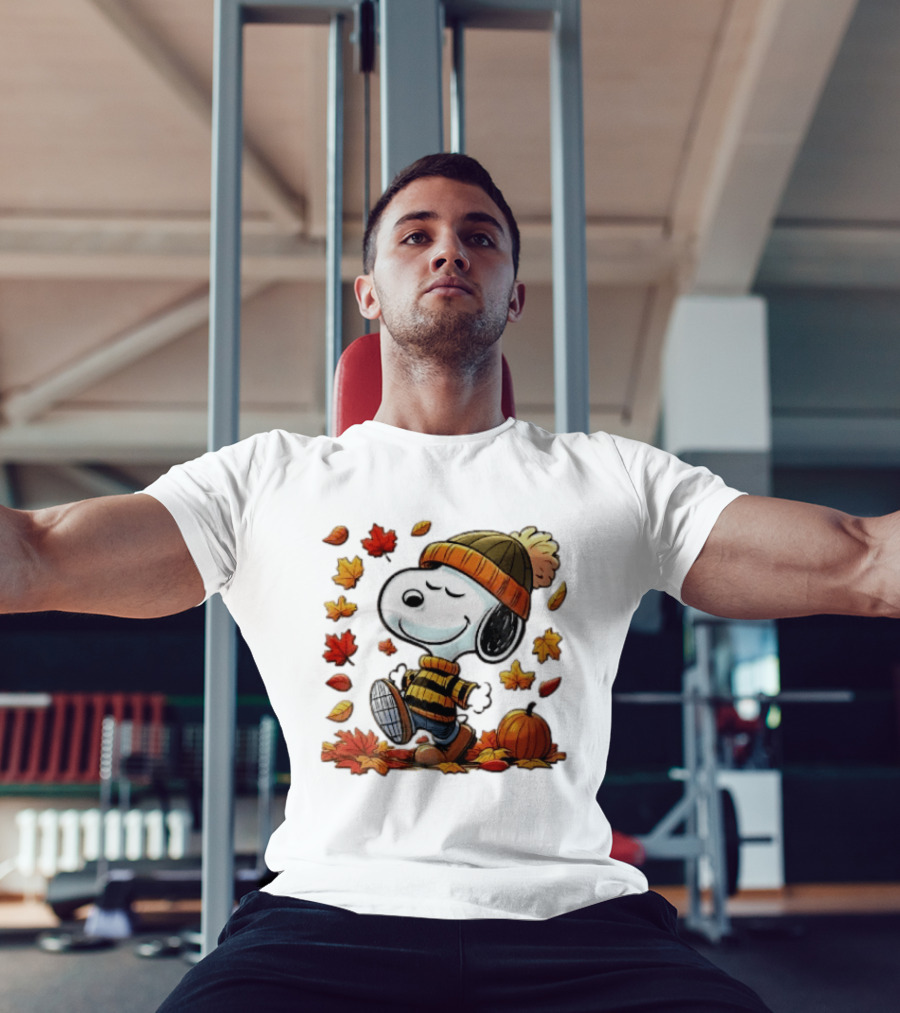Snoopy Walking In Striped Beanie With Autumn Leaves And Pumpkin T-Shirt